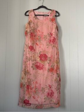 Vintage Pink Floral Midi Dress Sleeveless Sheer Overlay Cottagecore Romantic